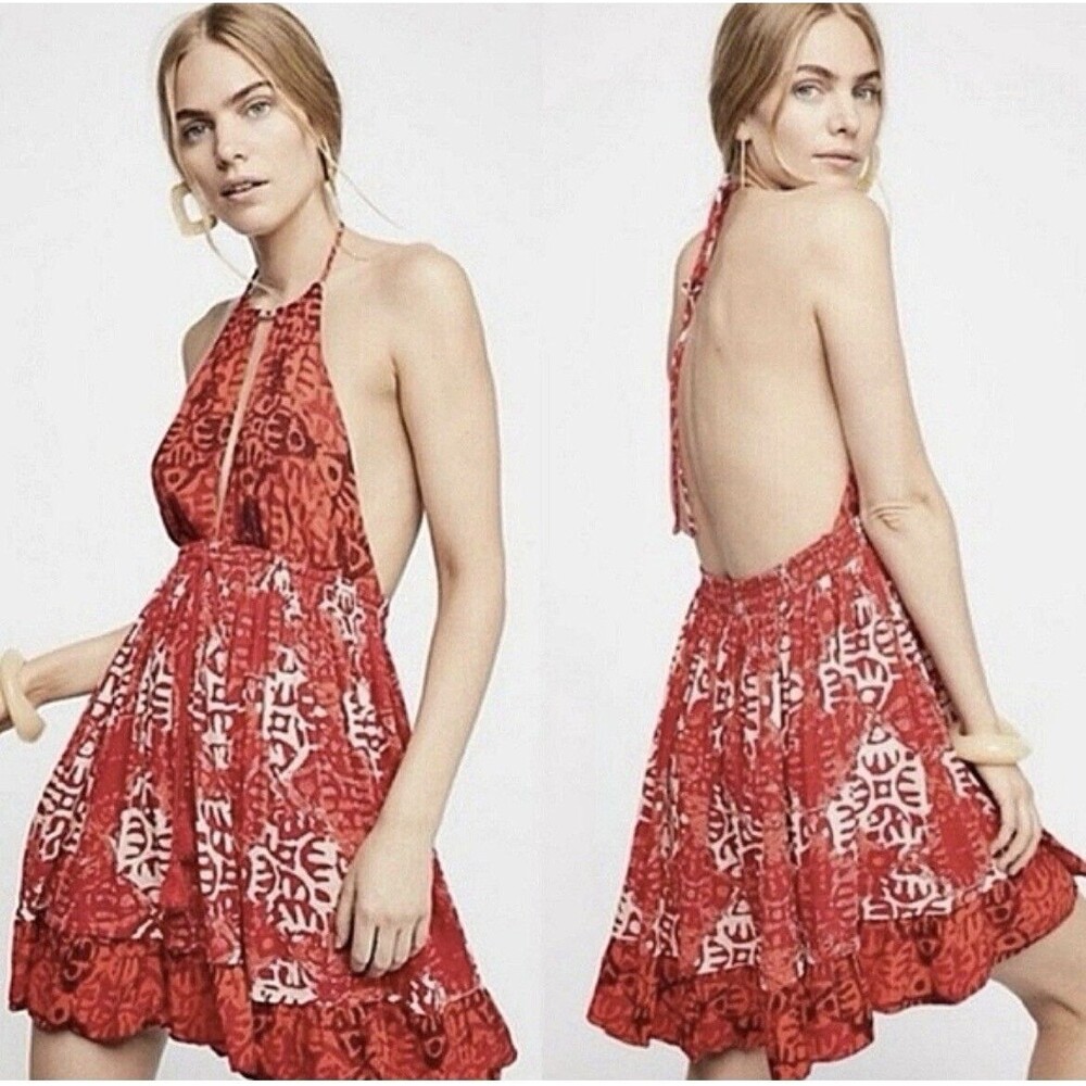 Free People Beach Day Halter Mini Dress Small Orange Boho Open Back Summer